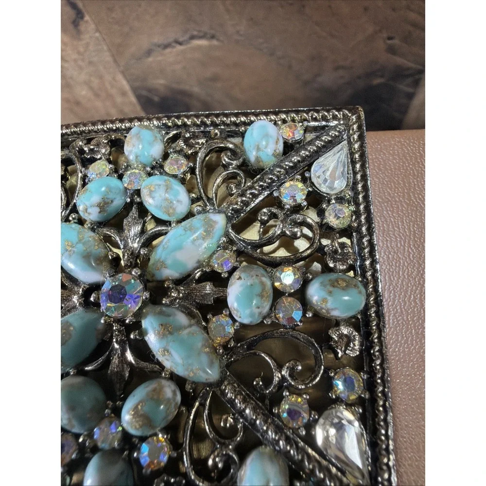 Jeweled Powder Compact Case Gold Brass Faux Turquoise 1950s SF Co 5th Ave Vtg